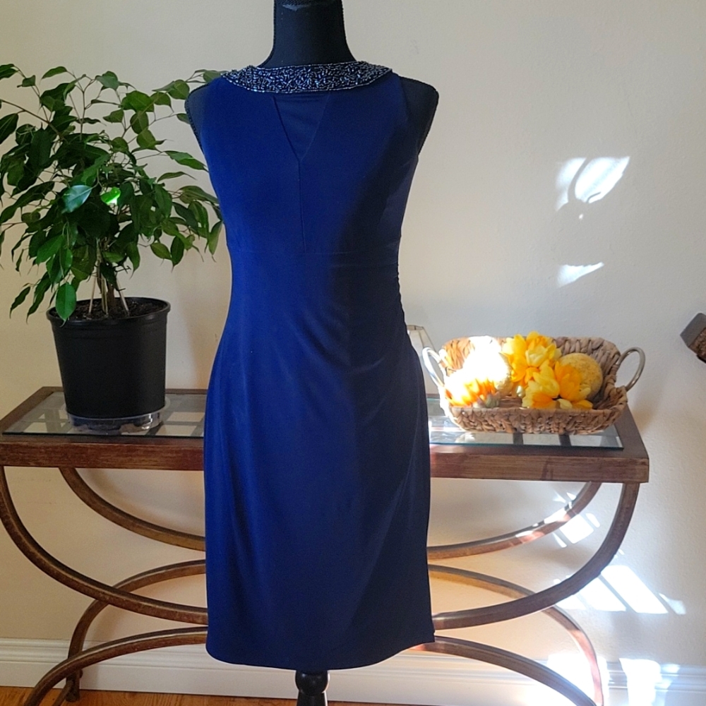 Cocktail dress, see through neck, American living, beaded neck line